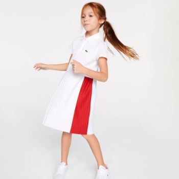 Lacoste Pleated Lightweight Cotton Piqué Polo Dress Dámské - Šaty Bílé / Červené | CZ-GoFBjj